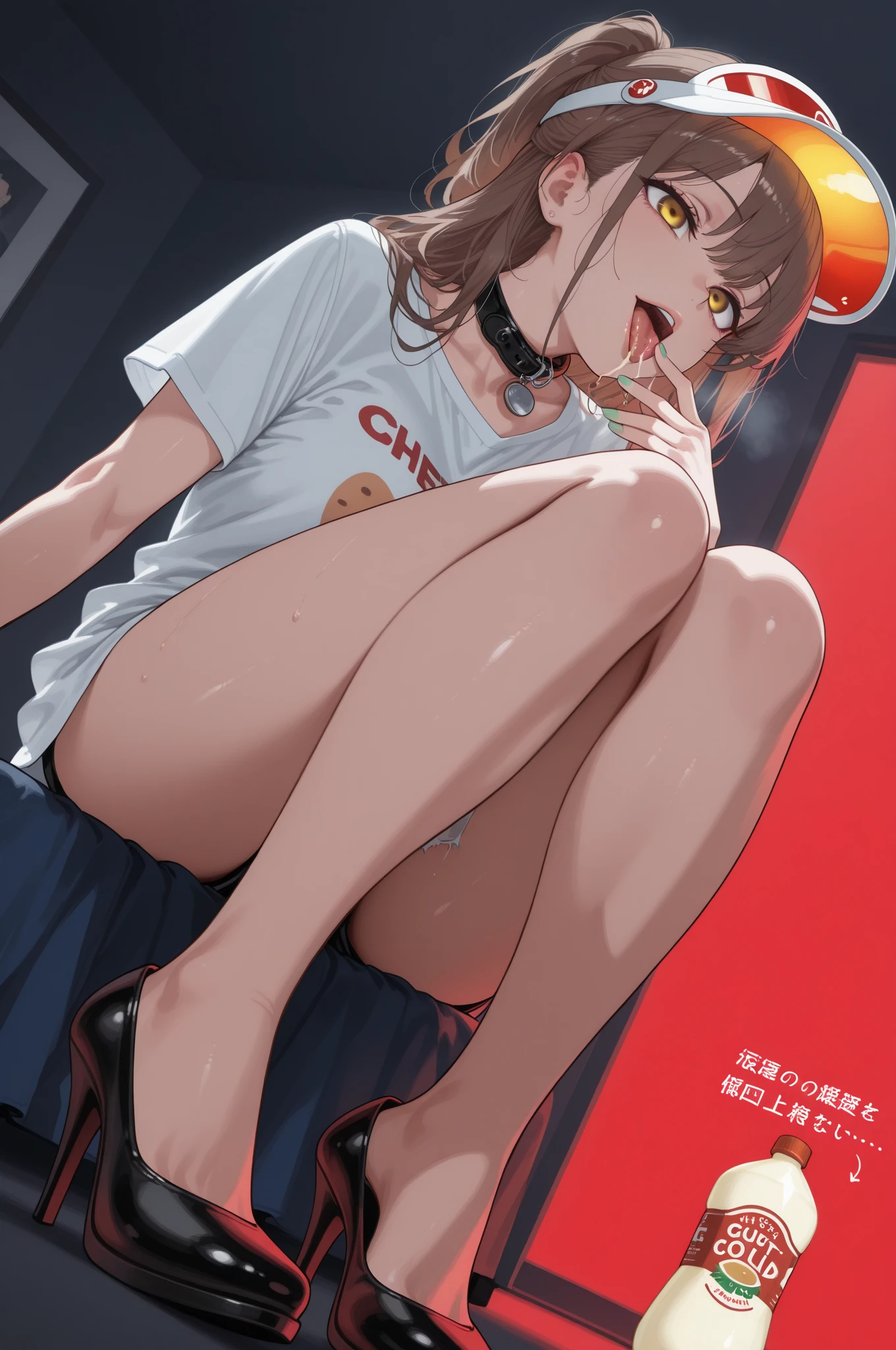 A Female robot is sleeping in a fridge, spread legs, nude, banzai pose. she wears no dress. She Brown short hair is tied with two big red clothespins, She lifts up the under hem of her white plain dress, leaning over, masterpiece, very short pigtails,brown hair, mature, android, blue eyes, full body figure, Height: 160cm, flushed cheeks, 2020s anime picture, A beautiful robot with short brown hair in two short pigtails held up by two very large huge red clothespins, Uplifting, No NSFW, whole body, barefoot, archaic smile, getting orgasm, 25 years old, sweat bucket. robot skin.