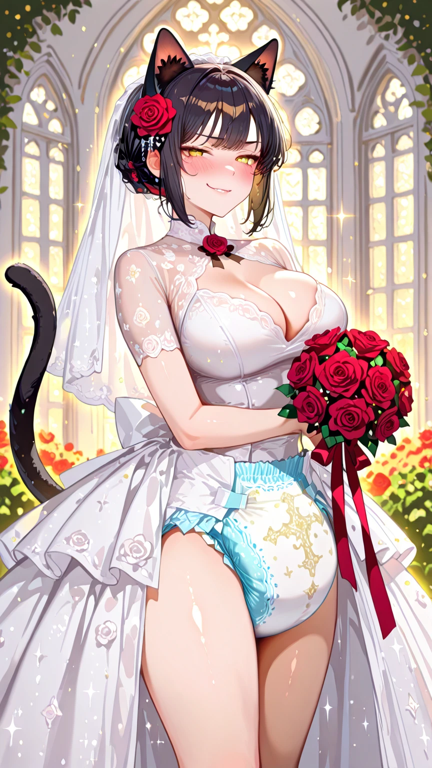 Night time,(Masterpiece), Best Quality, ultra-detailed, 1girl (eri,  Slender and sexy body, huge breasts, wide hips,   brown hair, chignon, brown  eyes, empty eye, spectacles), ,parted lips, mascara, full makeup, red lipstick,  facing viewer, looking at viewer, solo, white wedding dress, ornate dress, see-through, long dress, white veil,bouquet grab  , bows, in the  livingroom, standing,  Sexy waist teasing ,skirt pull, a provocative pose, Frontal shots