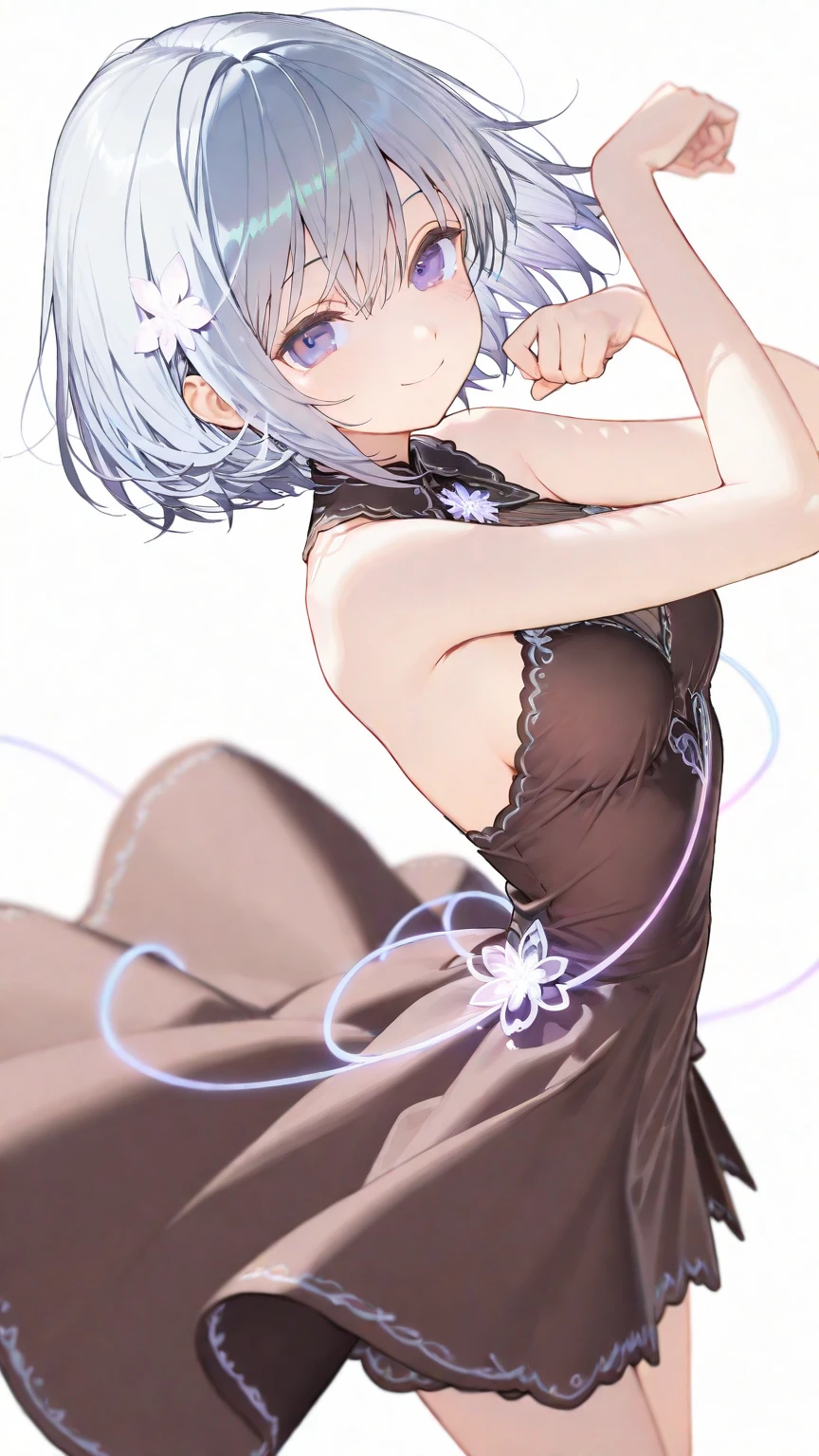 (masterpiece), (best quality), perfect face, beautiful girl, white background background, delicate and beautiful face and eyes, dark intense shadow, 
1 girl, vtuber style, cool girl, hololive,amane kanata, streaked hair, short hair, Wedding dress, small chest, cropped shoulders, clavicle, one eye close winking, smile, body visible through clothes, chest visible through clothes, (full body), looking at viewer, standing,