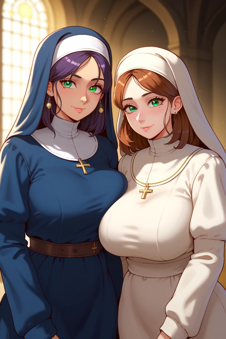 ((thick body mature women age 40 American milf super model))2 women wearing lingerie nuns robe standing open door, looking at viewer smiling, hands on breasts, (((patterned panties, spread legs, nipples, bra)))
