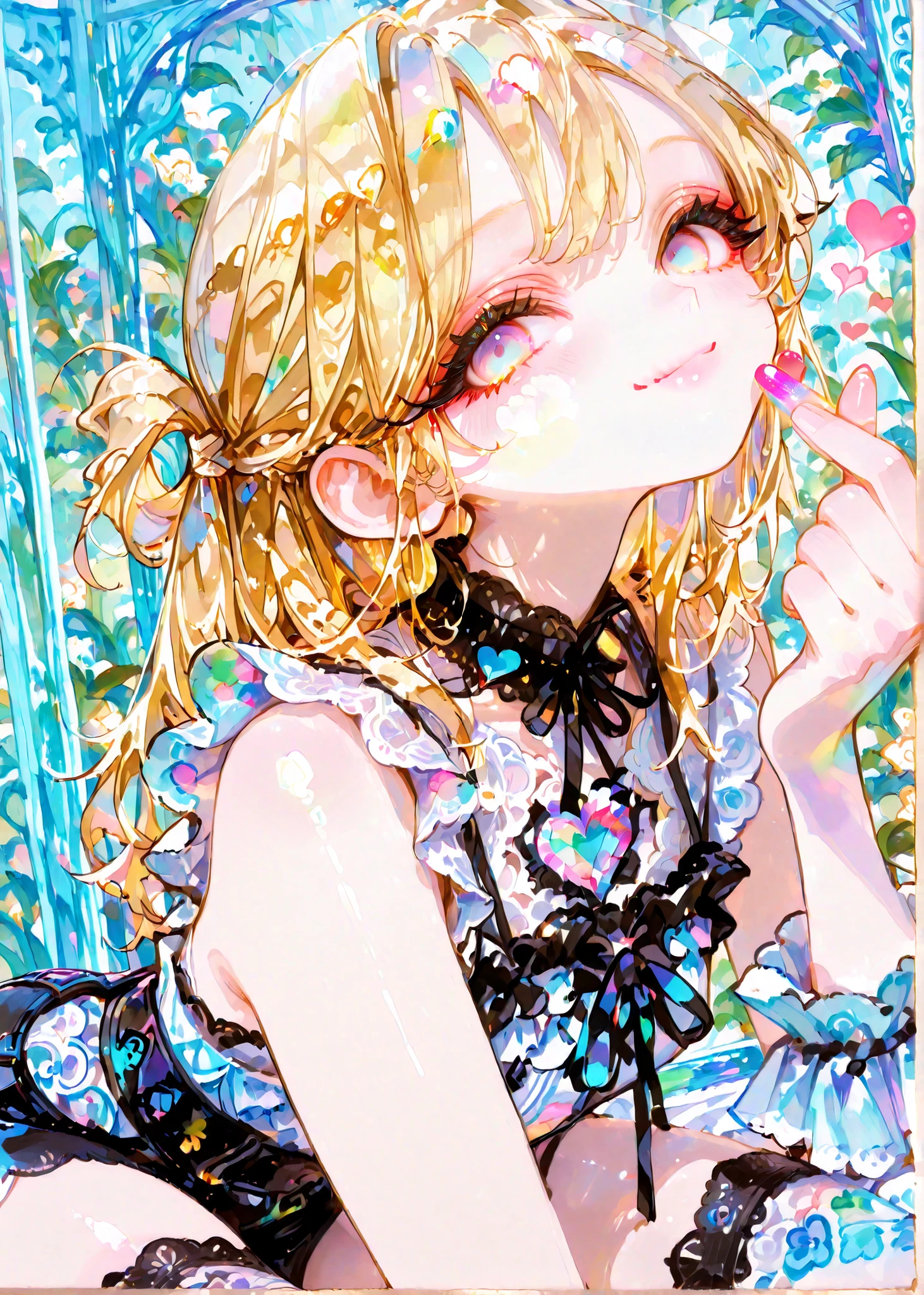 colored pencil drawing, sketch style, thin lines, thin colors, watercolor, soft touch, colorful, deformed, background subject, fantasy, summer theme, 

1girl, solo, golden hair, hair half up, long eyelashes, applying makeup, eye power, sleeveless shirt, frilled sleeves, short shorts, lace shirt collar, lace-trimmed thighhighs, cheerful smile, fine day, finger heart, drawn heart, looking at viewer, 

masterpiece, detailed beautiful face and eyes, elaborately designed clothes, intricately embroidered clothing,