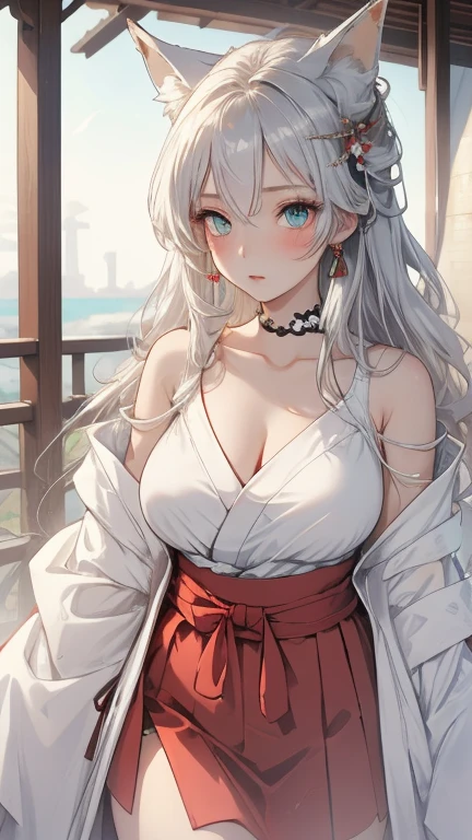 score_9, score_8_up, score_7_up, source_anime, (masterpiece), best quality, expressive eyes, perfect eyes, perfect face, oni girl, oni horns, red eyes, soft lips, long hair, very long hair, wide hips, (white hair:1.2), (white eyebrows:1), (white eyelashes:1), medium breasts:0.5, higuchi madoka, big breasts:0.3, standing, background: City, white kimono, off-shoulder, fur-trim, black hakama, short skirt