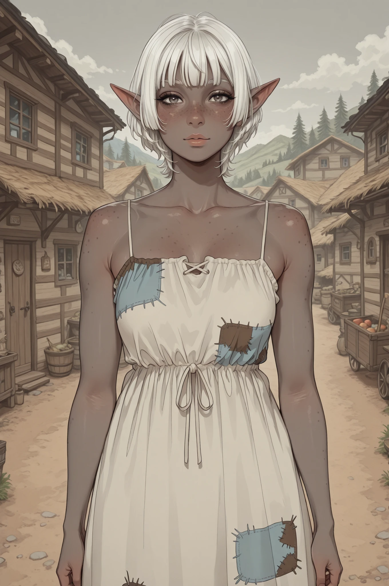 1 girl, short cut white hair, bangs, mullet, elf ears, dark gray skin, freckles, voluptuous, patch dress, village background, look at viewer 