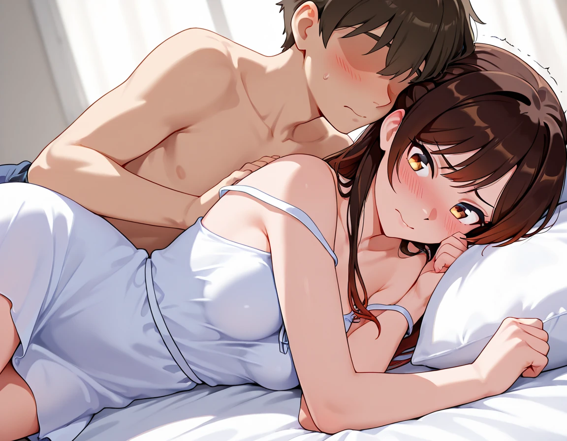 Highest quality, High resolution, masterpiece, (Beautiful Eyes), (Fine grain), Detailed face, kumiko oumae, Brown eyes, Brown Hair, short hair, Wavy Hair, smile, blush, indoor, bedroom, whiteいベッド, View your viewers, (Wide pelvis:1.5), (Big Ass), (white_bra:1.5), (white_Panties:1.5), (Thick thighs), (Spread your legs), (Hugging a boy:1.5), nsfw