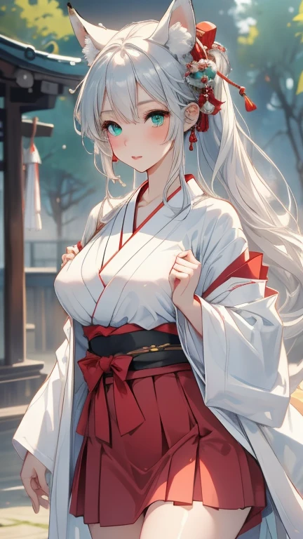 beautiful detailed 25 years old female japanese, wearing Traditional Hanbok: A vibrant hanbok with a high-waisted skirt and a jeogori top, adorned with traditional accessories, beautiful face, shiny white skin, white hair, slender, ultra large saggy breasts, massive cleavage exposed, school background