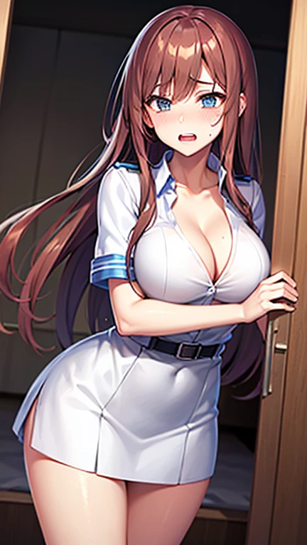 (large breasts:1.5),shiny,hair,((solo)),((masterpiece)),((best quality)),perfect anatomy,slim waist,perfect image,8k UHD,(beautiful detailed eyes:1.5),extremely detailed face,standing,(upper body:1.1),(look at the front:1.1),arms behindback,ultra-detailed,absurdres,highres,(shiny hair),nurse,nurse uniform,indoor,hospital,((sensitive smile)),mini skirt,light brown hair,semi-long hair,bangs,