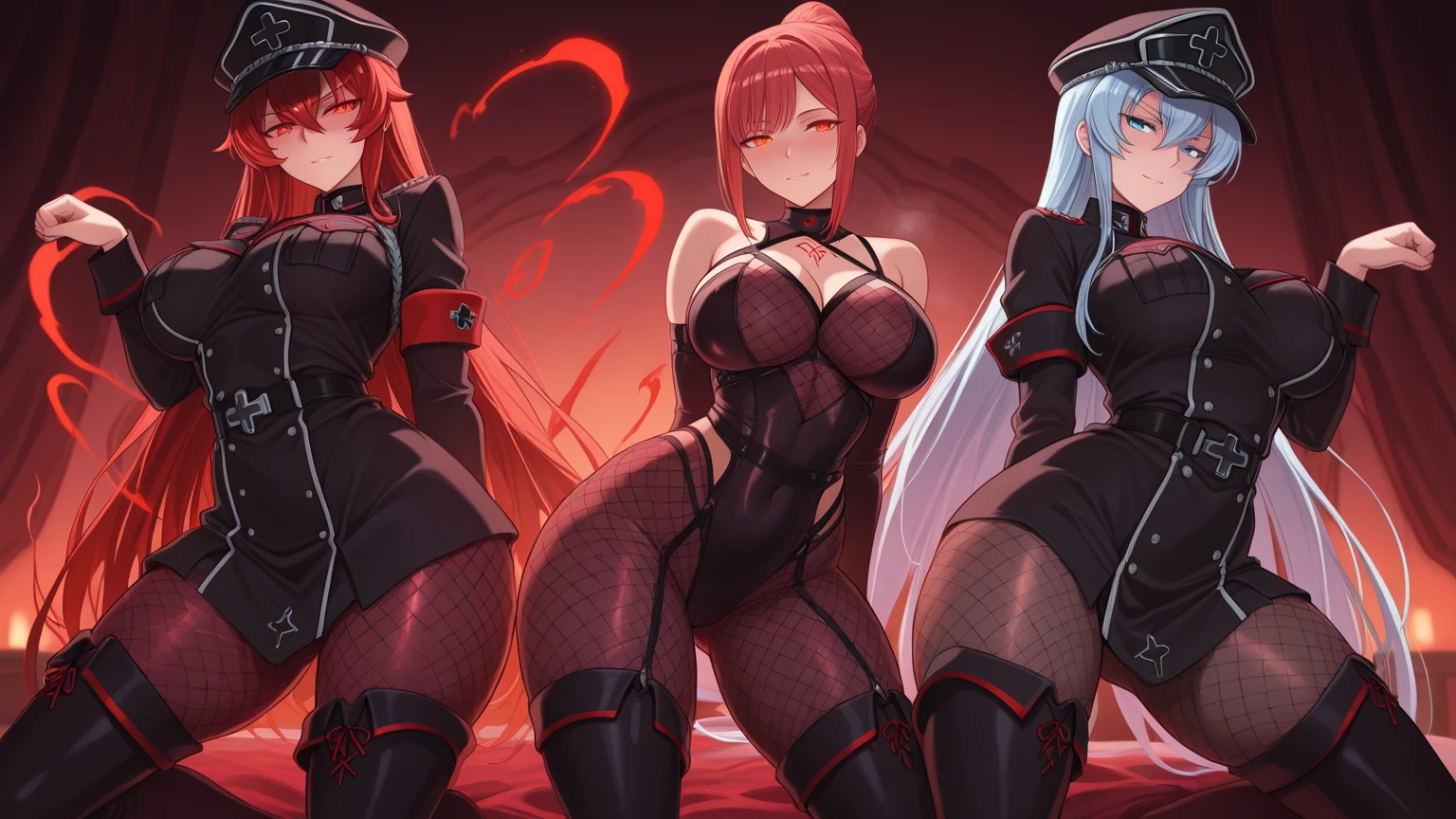 Anime, 3girls, lesbian, kiss, embrace, huge breasts, undressed, bare breasts, naked, leather collar, red eyes, slave, leash, harness, black ribbons, long hair, laying on bed