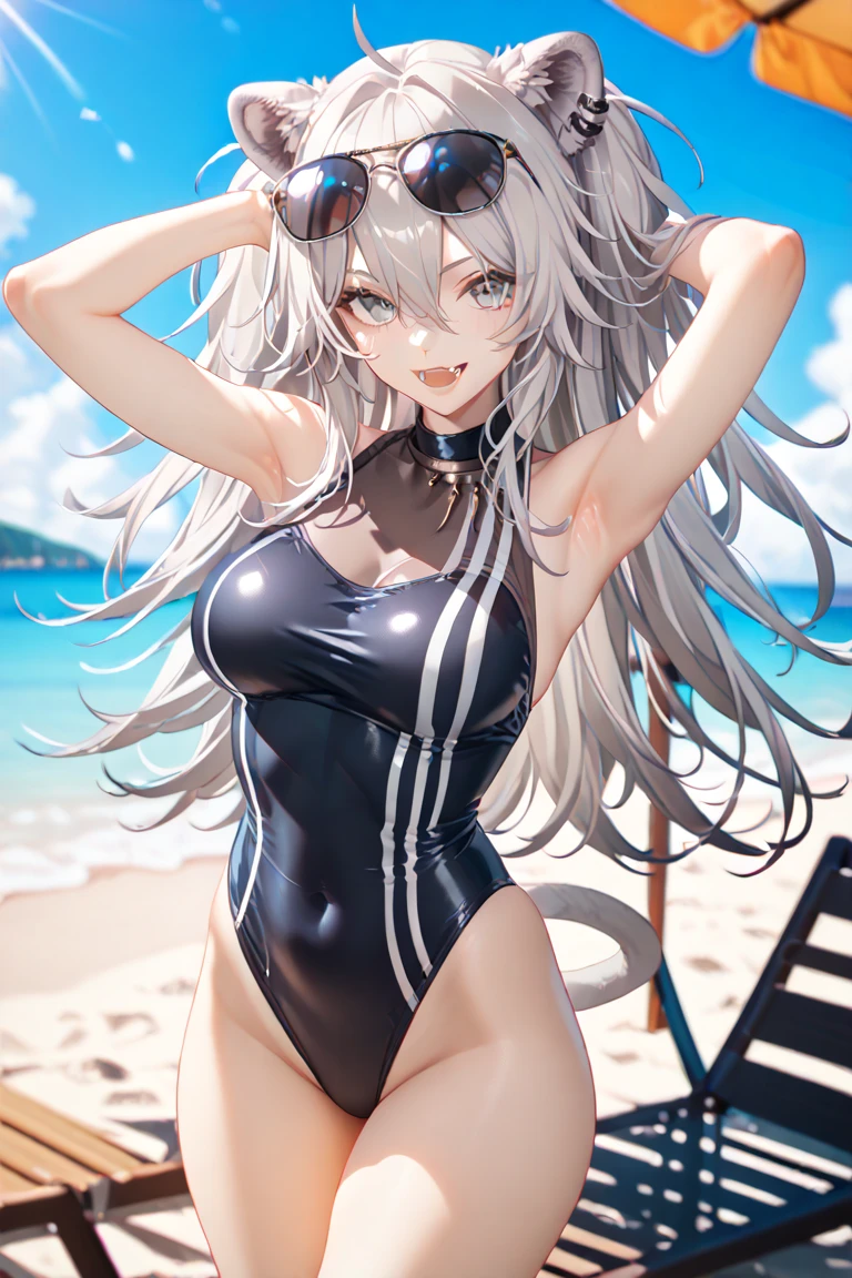 Asahi Mutsuki、Good looking girl (blush, Perfect Face), independent , Looking at the camera, masterpiece, Anime art style, Cute Characters, Most detailed, high quality、Nico Nico Smile、She wears a sexy swimsuit、In underwear、Coming to the Sea、Show your armpits、Silver Hair、side ponytail、Small breasts、Lolita
