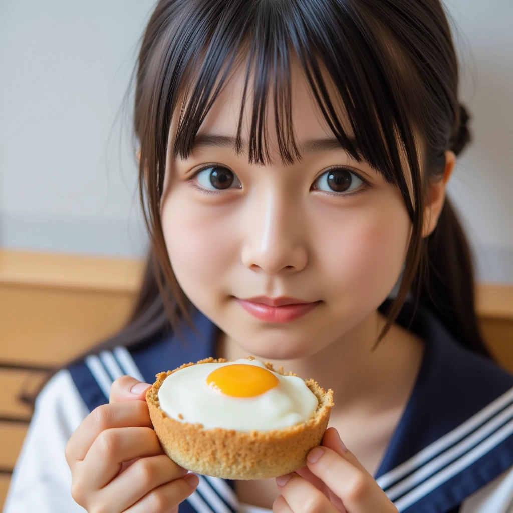 11 year old girl　Japanese　Light blue yukata　Realistic Skin　Bigeyes　Eating a McDonald&#39;s Big Mac