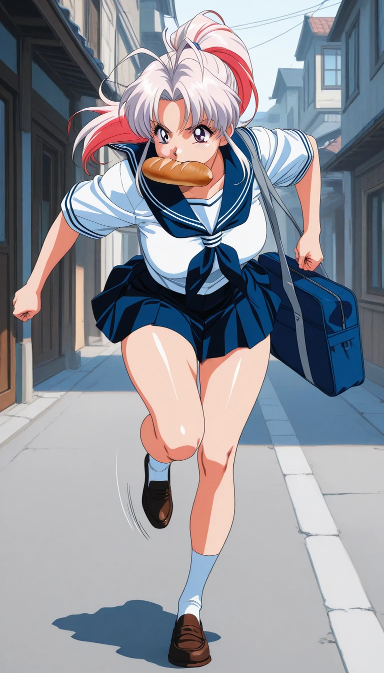 masterpiece, highest quality, girl, serafuku, Blue ribbon, Pleated skirt, Blue socks, loafers, City Street, running, Toast in the mouth,、Camel Toe、Giant tit、Nipple Puffs、Cleavage、Plump、Super big breasts、Super big butt