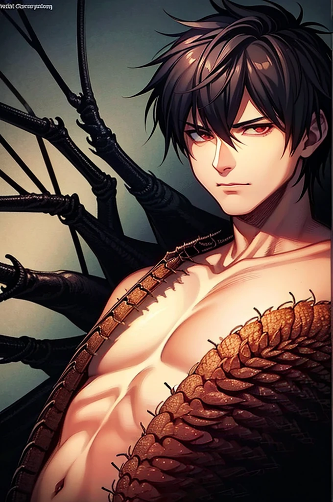 Focus on a naked man with short dark hair and red eyes, in half torn clothes. A man with red eyes. lays eggs in the anus, face of male orgasm, insemination, in a very dark underground cave numerous large caterpillars rape a man for reproduction, large caterpillars lay eggs on a naked man, large quantities Semen, anus, his face is about to cry, he is a nursery for caterpillar larvae, his body is wet. Erotic illustration. Caterpillars swarm around the semen flowing out of his ass.