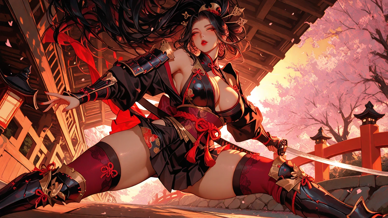 A black-haired woman wearing a shrine maiden outfit with slits in the legs　　Revolver-type handgun 1.5　Thigh-high boots