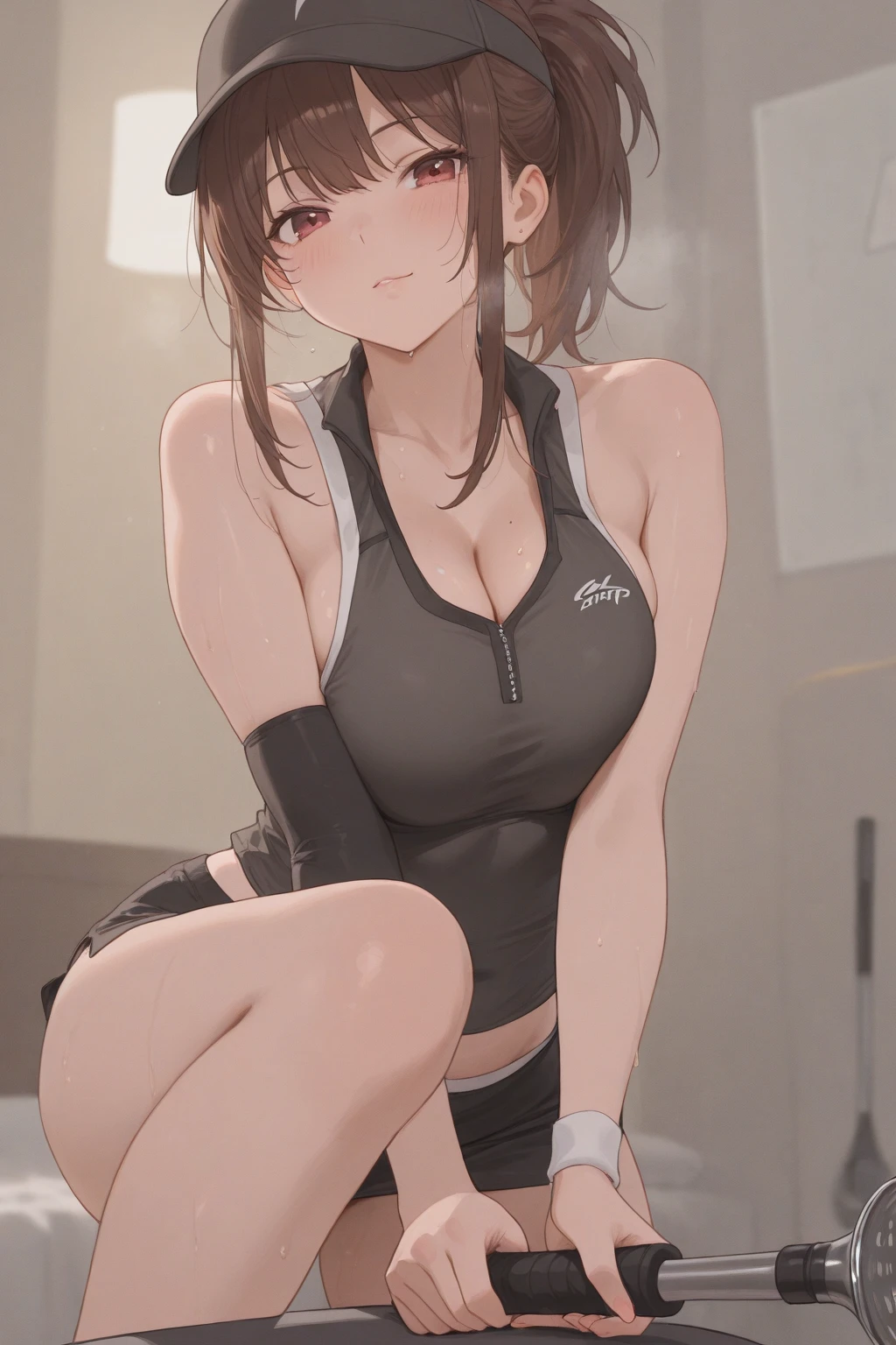 (dynamic angle:1.3, front view:1.1, breast focus:1.3, from above:1.2), (dynamic posing:1.2, sexy posing:1.2), (seductive smiling:1.3), highest quality、(real、photorealistic:1.4),(ultra high resolution, 8K RAW photo, clear focus), best qualtiy, natural lighting, field depth, (Bright pupils, detailed beautiful blue eyes, high detailed face), (tight focus:1.2), a girl 28yo old, Thicc, thin breast, long hair, blue eyes,garter stocking, cleavage:1.2, midriff, black shorts, black thighhighs, thigh strap, pretty girl, (highly detailed beautiful face and eyes,firm breasts),real skin,((black,hair,long pony tail hair)),thin pubic hair,cute,lovely, detailed eyes,(double breasted:1.0,under bust:1.0),(with sparkling eyes and a contagious smile),soft open mouth, Looking at Viewer,in the gym