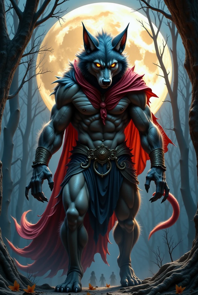 fantasy set image,duality,Dire werewolf,dark and light contrast,alpha wolf,fierce expression,bloody fangs,muscular body,full moon,dense forest,mist-filled background,wolves howling in the distance,ominous atmosphere,golden eyes,powerful physique,giant werewolf,duality of good and evil,shadows and light,nightmare fantasy,gritty and surreal,mythical creatures,sharp claws,menacing presence,blood-red eyes,majestic and terrifying,ominous sky and stormy clouds,savage and untamed,wolf pack hunting,moonlit silhouette,dark magic,duality of human and beast,moonlit transformation,blood-soaked fur,ferocious rampage,howling madness,conflict and struggle,transcendence of chaos and order,eerie aura,dark fantasy epic,clashing forces of nature,inner beast unleashed