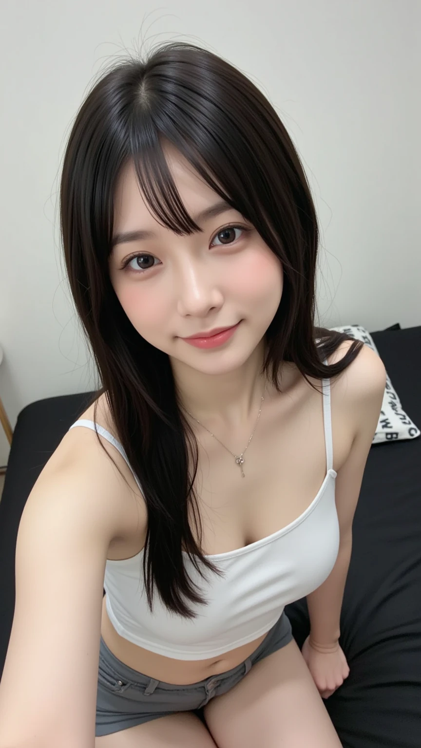 (((Face close-up)))、(((Brown straight hair)))、(((she was on the bed、Posing like a model at a hair salon。.)))、(((She is wearing a lovely summer outfit.。shoulders are hidden)))、(Natural laughter:1.25)、Half Japanese, Half Korean、1 girl、Independent、I&#39;m looking forward to、Light eye makeup、Brown Hair Color、Flat 、Hair blowing in the wind、Quality of actress、Shiny, Ultra-realistic faces、smile、Watery eye、look up、Subtle lighting effects、 Ultra-Realistic Capture、Very detailed、High resolution 16K human skin closeup。Skin texture must be natural、The detail must be such that the pores are clearly visible.、skin is healthy、Even Tone、Use natural light and colour、Worn out, High quality photos taken by modeling agencies&#39;In-house photographer.、smile、(((Sigma 300mm F/1.4,1/1000 sec shutter,ISO400)))、The background is F-stop 1...4 is blurry
