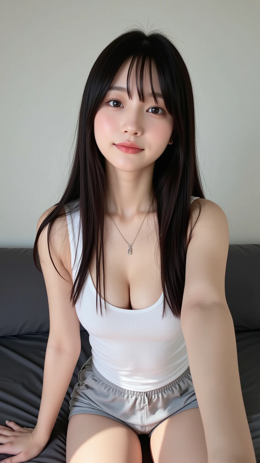 One girl, one girl, one person, japanese girl, mischievous smile, devilish smile, grinning smile, Japanese girl, 20 year old girl, beautiful, pretty face, cute face, mischievous expression, tank top, tank top, large breast, tatoo