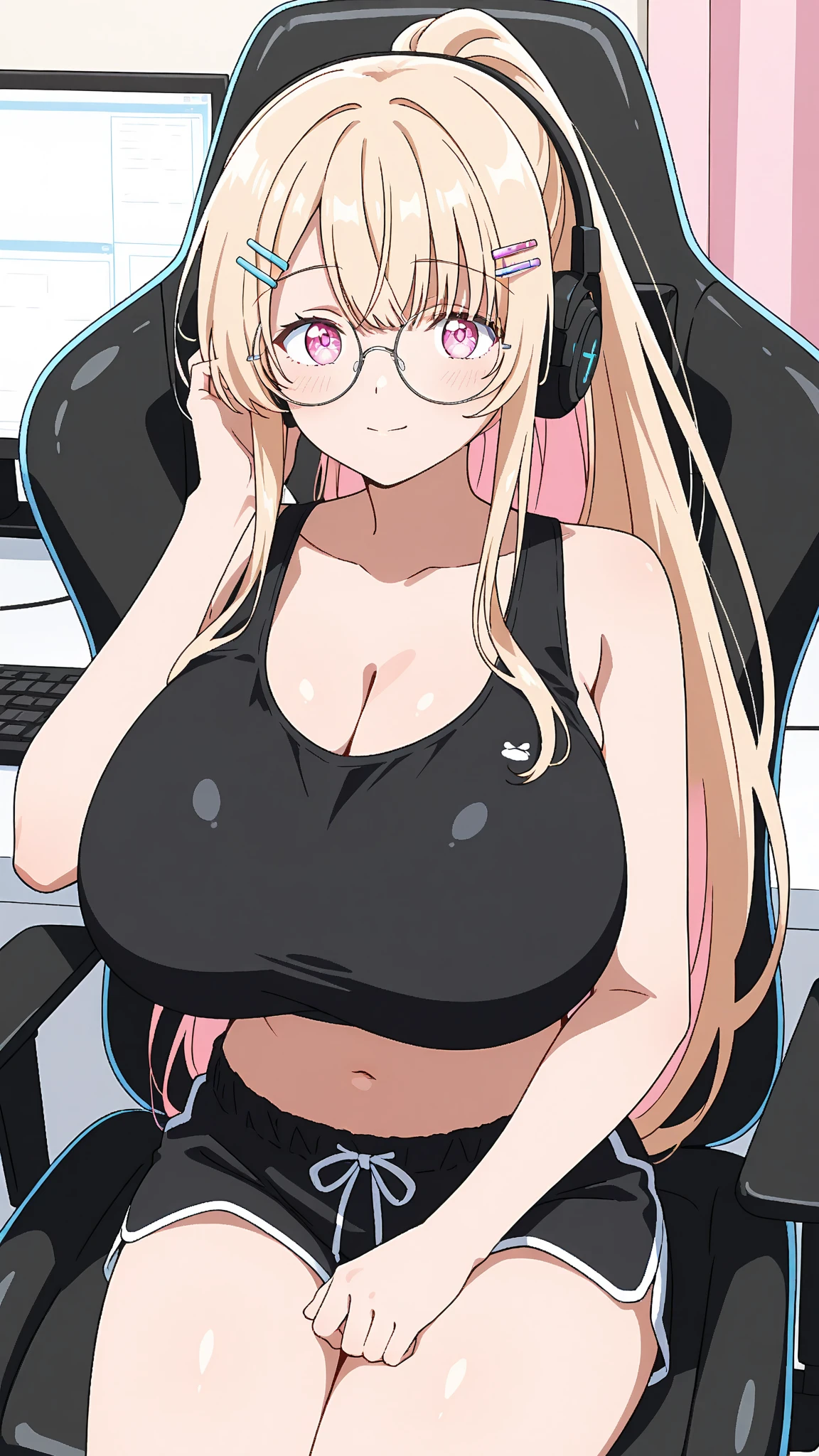 20 year old woman, busty, bubble butt, hourglass figure, skinny, blushing, frustrated expression, horny, seductive, long hair, platinum blonde hair, ponytail hair, wearing red headphones, red sports bra, white hotpants, white knee socks, tight fitting clothing, middrift, cleavage, anime, bedroom, gamer, night, headphones, punk, punk style, punk hair,  ((open mouth)), ((drooling)), ((wet)), squishing breasts between arms, soft tits
