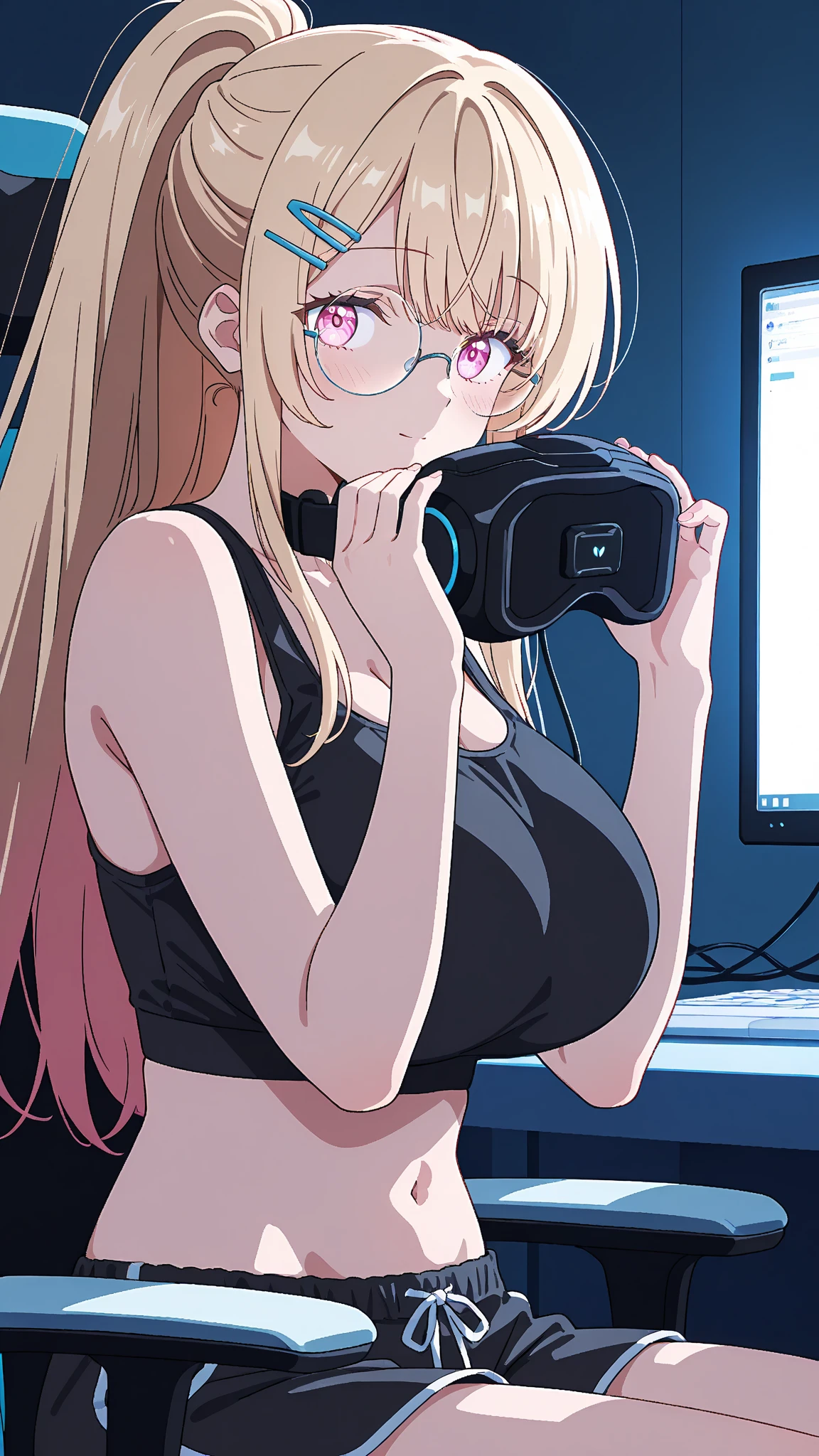 (photorealistic:1.4), (masterpiece, sidelighting, finely detailed beautiful eyes: 1.2), masterpiece*portrait, realistic, 3d face, glowing eyes, shiny hair, lustrous skin, solo, embarassed, (midriff), black underwear, blonde hair,