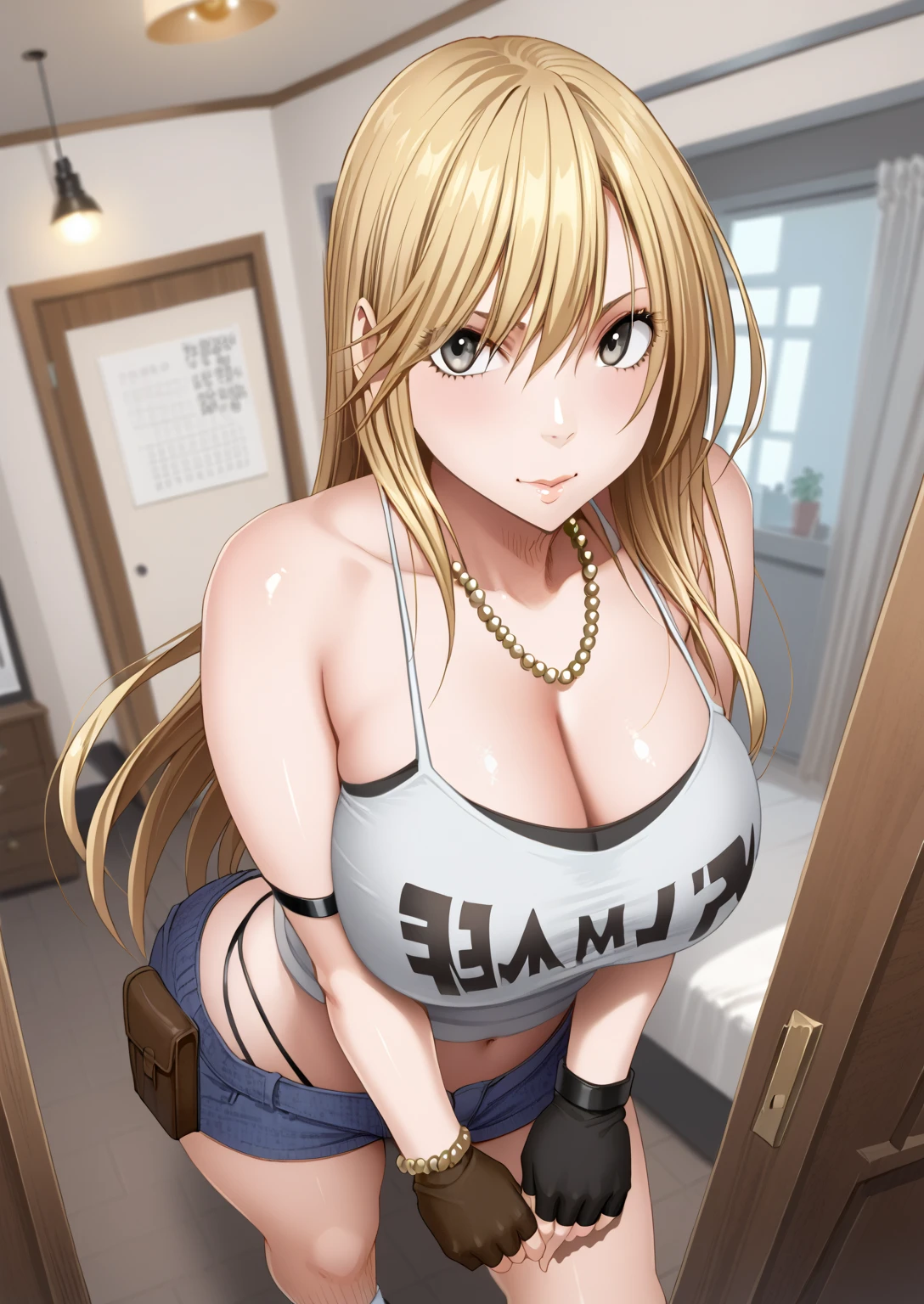 blonde hair,maximum big tits,big eye,smile,lolita face,denim jacket,denim-short pants,rip gross-tatoo on tits,nipple