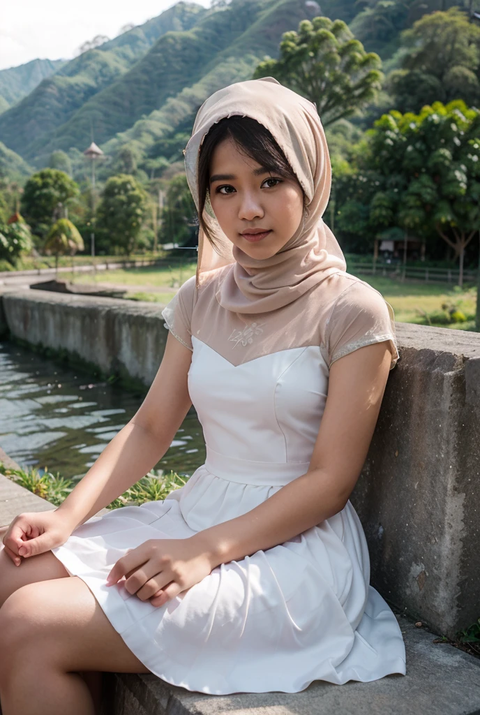 Ilustrasikan secara realistik seorang wanita usia 25 tahun sedang duduk di tepian sungai, berwajah cantik, manis memakai baju renang yang siap melompat ke air.
