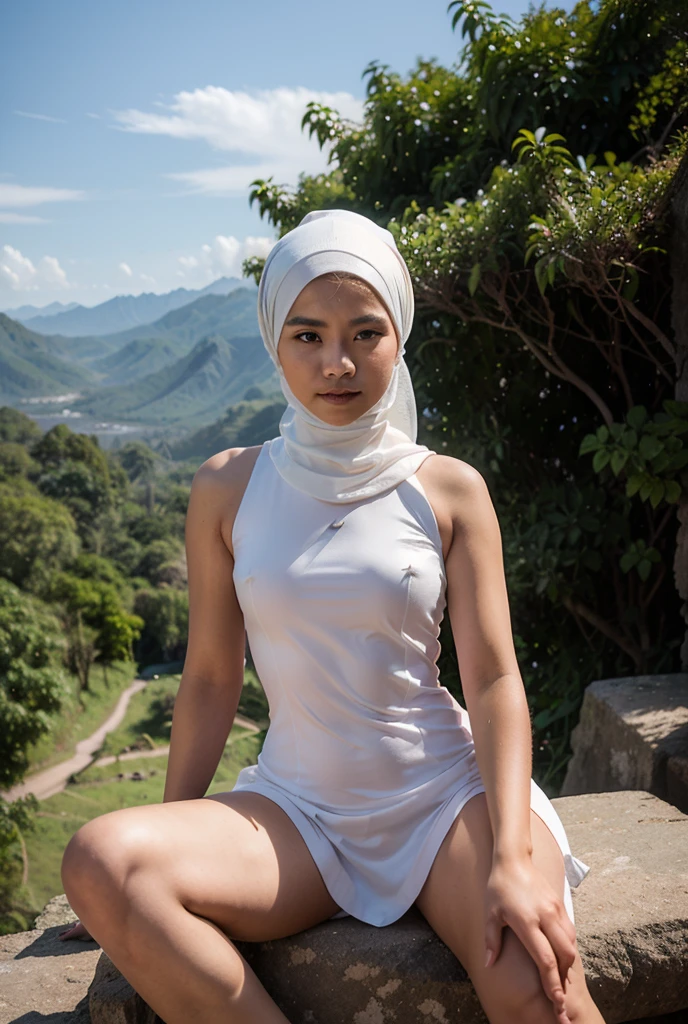 RAW, Best quality, high resolution, masterpiece: 1.3), beautiful Malay woman in hijab.13 years old.Masterpiece, perfect slim fit body, (very small breast).gorgeous eyes, Soft smile, wear lace singlet and legging.necklace, shairband, sunrise view. waterfall view. water splash, sea view, Excellent lighting, Bright colors, Clean lines. small ass