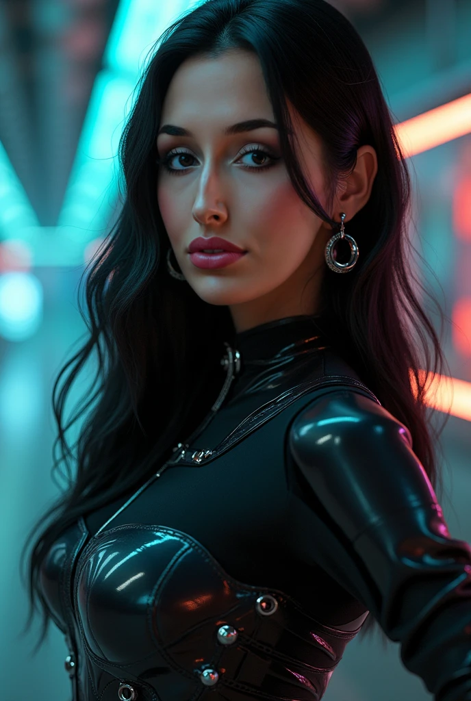a portrait of a pretty french young woman, ，gundamwingcockpit, futuristic, scifi, plugsuit, transparent latex, goth, dark lips, large breasts, solo, black hair, gloves, dutch angle, smirk, controls, joystick, holographic interface, technology, close up, glowing, neon, nude.