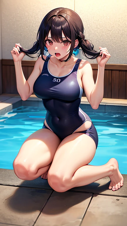 Light blue hair、Short Bob、Deep green eyes、Age 25、Pool、Competitive swimming suits、wet,masturbation