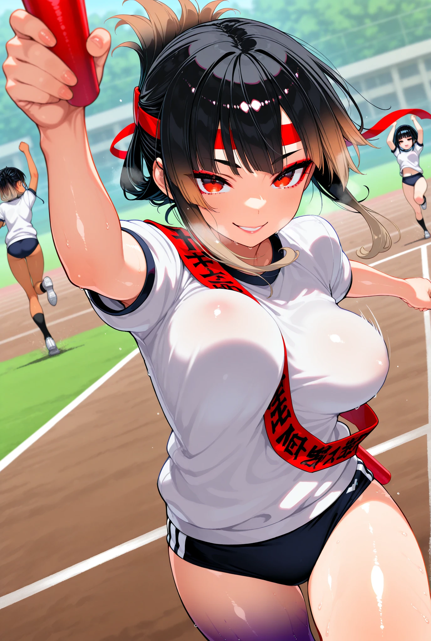 Nudists、girl、Fun、crowd、in group photograph、Short  top、baseball cap、