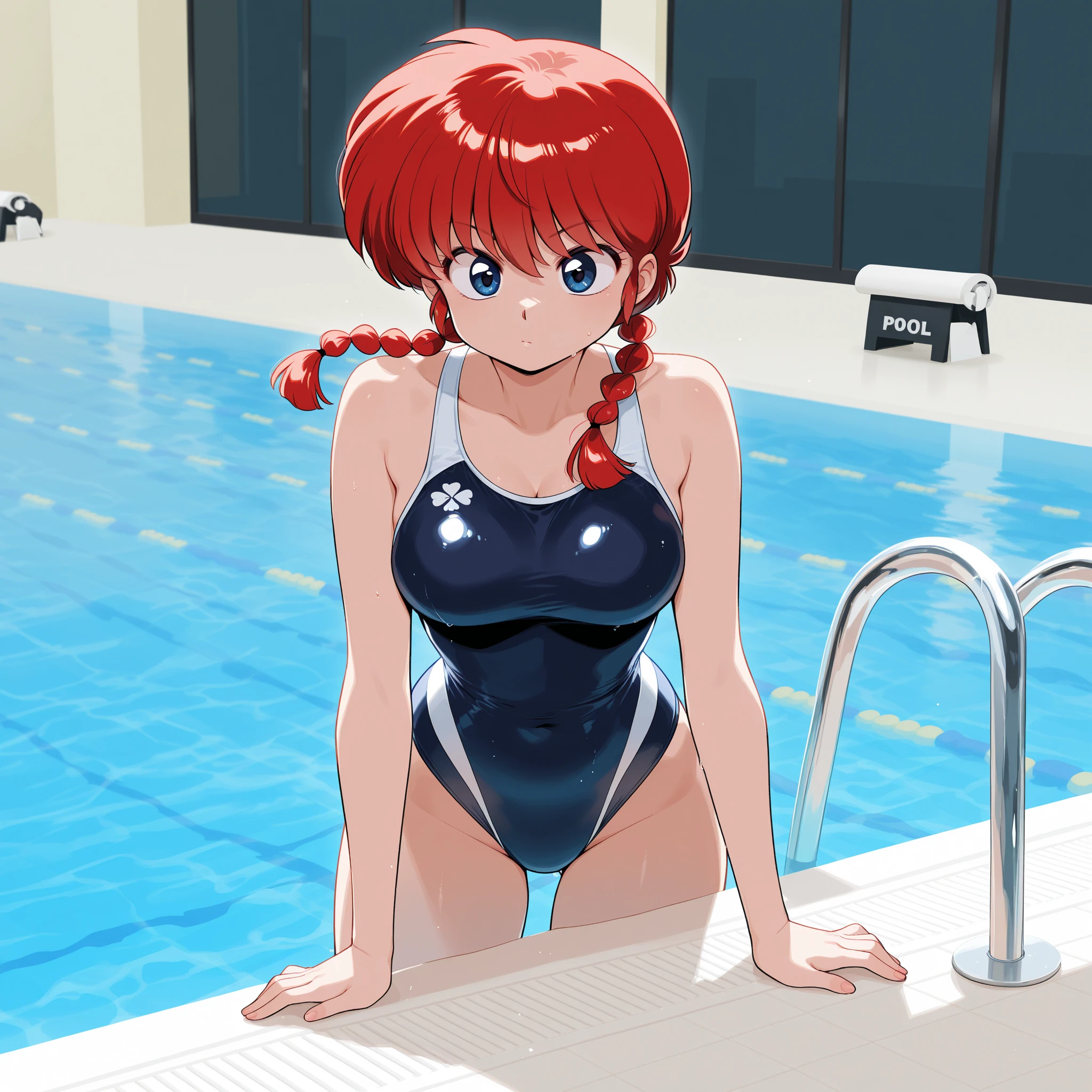 score_9, score_8_up, score_7_up, score_6_up, score_5_up, score_4_up, (source_anime), 1girl, neon genesis evangellion,( asuka langley soryu, small breasts, big Thighs, puffy nipples), far, full body, Swimming pool ,Revealing the breasts, Swimsuit, Wet, school