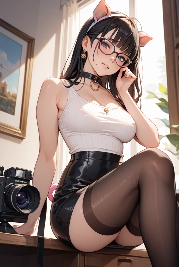 独奏, Hi-Def, Best Quality, very high image quality, ultra hyper-detailed, ultra realisitic, photographrealistic, Intelligent beauty, Glasses, Big green eyes, green long bob cut, pink bra and panty, light brown cardigan, flare mini skirt, Black pantyhose, hight heels, アニメ, Illustration, Portrait