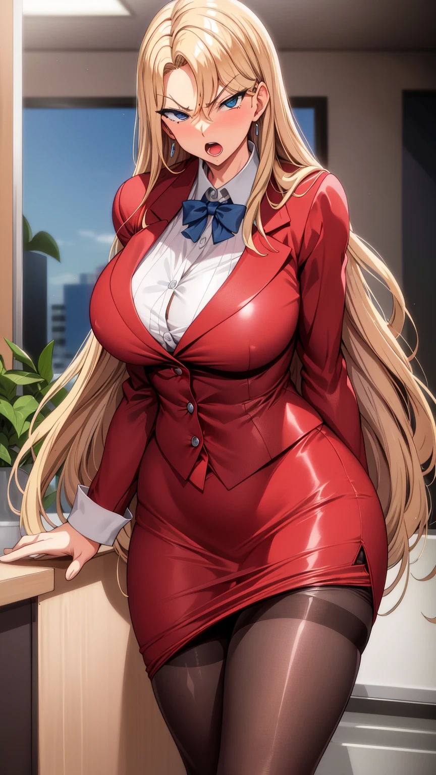 （（super high quality,））（（Ultra-high resolution,））（16K,）（super masterpiece,）（（Ultra HD ,））（Detailed shading,）One sexy office lady, Strongly wavy long blonde hair,popped Tight collar Red Suits,Long sleeve,Red tight skirt,Black Stockings,smile,