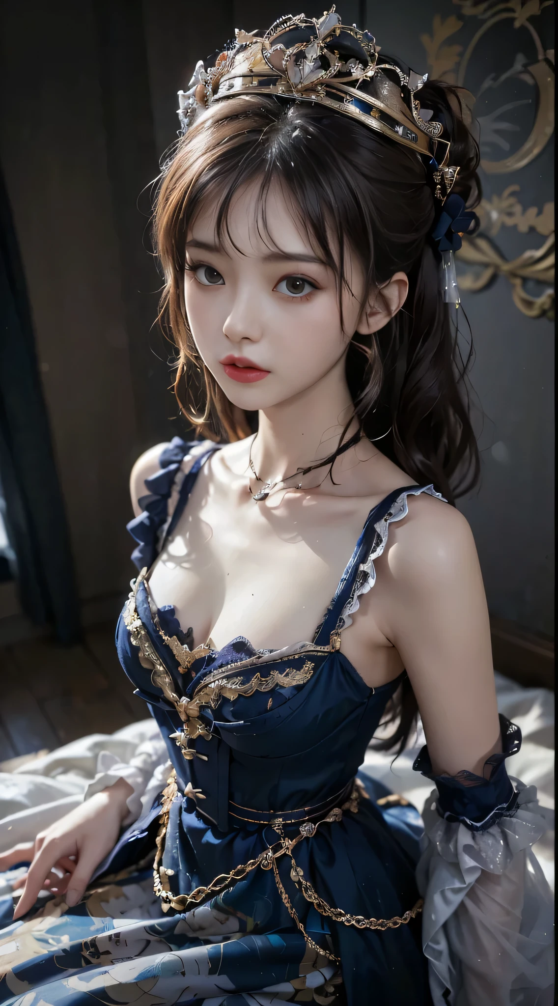 1 menina bonita vestindo trajes antigos, Roupa rosa e branca clara, Cabelos pretos longos e sedosos, joias e colares de cabelo, Carinha bonita Sobrancelhas finas, grandes olhos pretos redondos, Fine and detailed makeup eyelashes, nariz alto, usando brincos,small red lips, rosto rosado, Seios aumentados e redondos, seios apertados, breast augmentation,corpo magro e pequeno, Retrato de uma menina bonita, Foto 8k, super alta qualidade, super realistic, 10x super pixels, foto realista, Dark Studio, luz de borda, luz de dois tons, (pele detalhada) High: 1.2), 8k UHD, DSLR, luz suave, alta qualidade, volumetric light, candid, fotografia, high resolution, Qualidade 4k, 8k, Bokeh, smooth and sharp, pixel para cima 10 vezes, (background space: 1.8), (galaxy: 1.7), aurora, lightnings, (Plano de fundo do Aurora: 1.8),