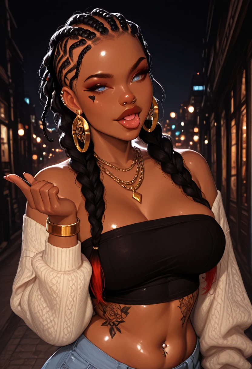 (Mulher afrodescendente )muito negra, lindos olhos azuis, seios grandes, tatuagem,(semi-nua, com calcinha rosa)