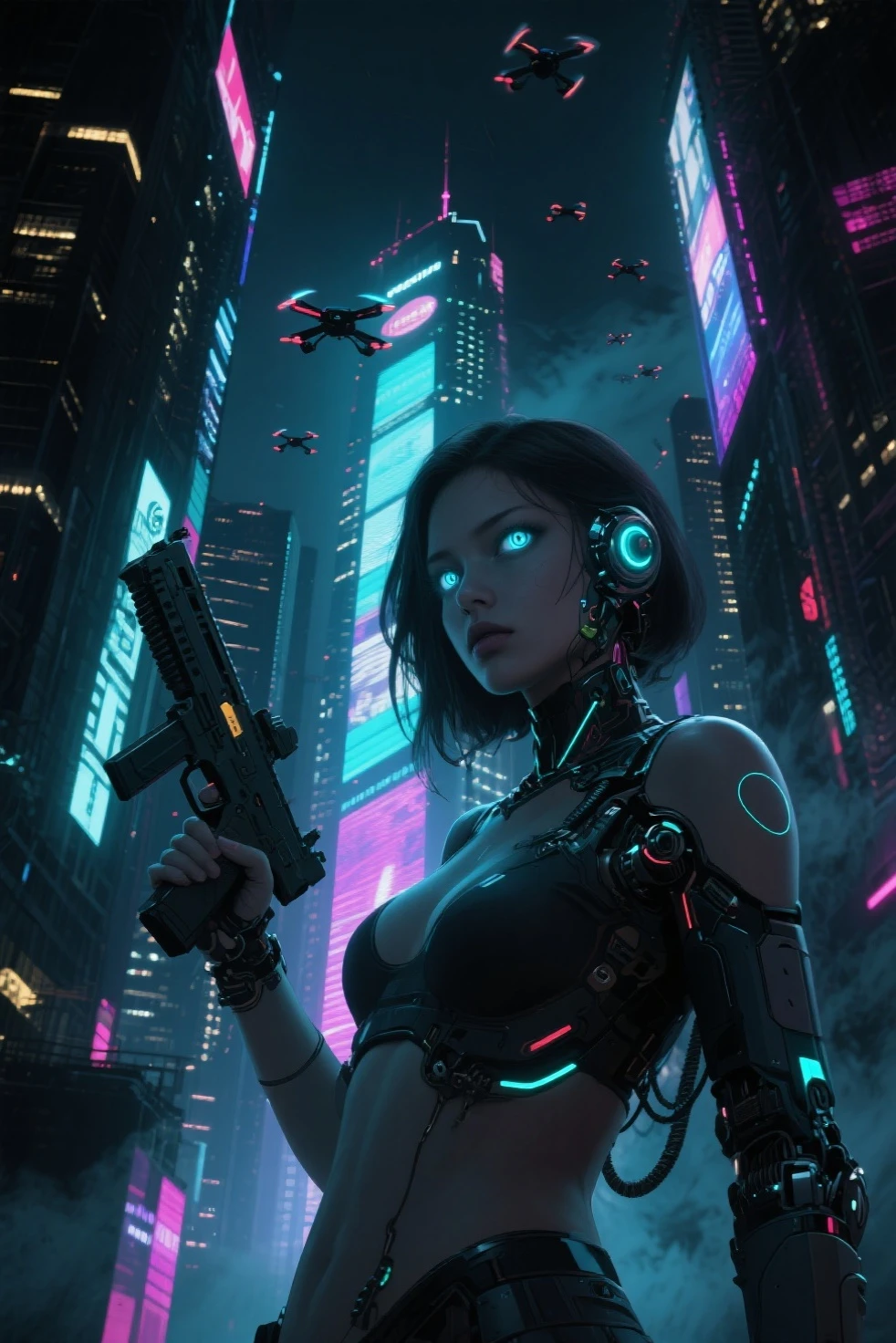 masterpiece, best quality, high resolution, 8k, (Portrait Photos:1.5), (R Original Photo), real picture, Digital Photography, (A fusion of cyberpunk and fantasy), 20 year old girl, solo, (((black sunglasses, headphone))), Feel free to hairstyle, Purple Eyes, By Bangs, (large breasts, cleavage, Accessories, Elegant and charming, Combination of cyberpunk and fantasy style clothing, Hollow carving design, Photo poses, Realistic style, (((((((pistol shooting pose))))))), oc render reflection texture, sentry, (((((aerial view of Cyberpunk style future city, 1 giant (((Chinese Terracotta Warrior))) sculpture))))), night, Bustling streets, (((((half-body (thigh level) medium shot))))).