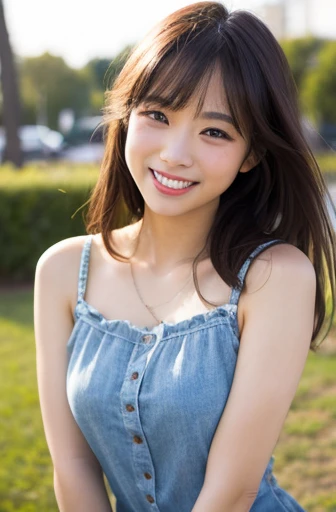 Highest quality, masterpiece, Ultra-high resolution, (Realistic:1.4),Beautiful woman,(Shortcuts),(Big Breasts) ,Beautiful Skin, Fine skin, 魅惑的なsmile, Background blur, smile、Inside Starbucks、White T-shirt、jeans