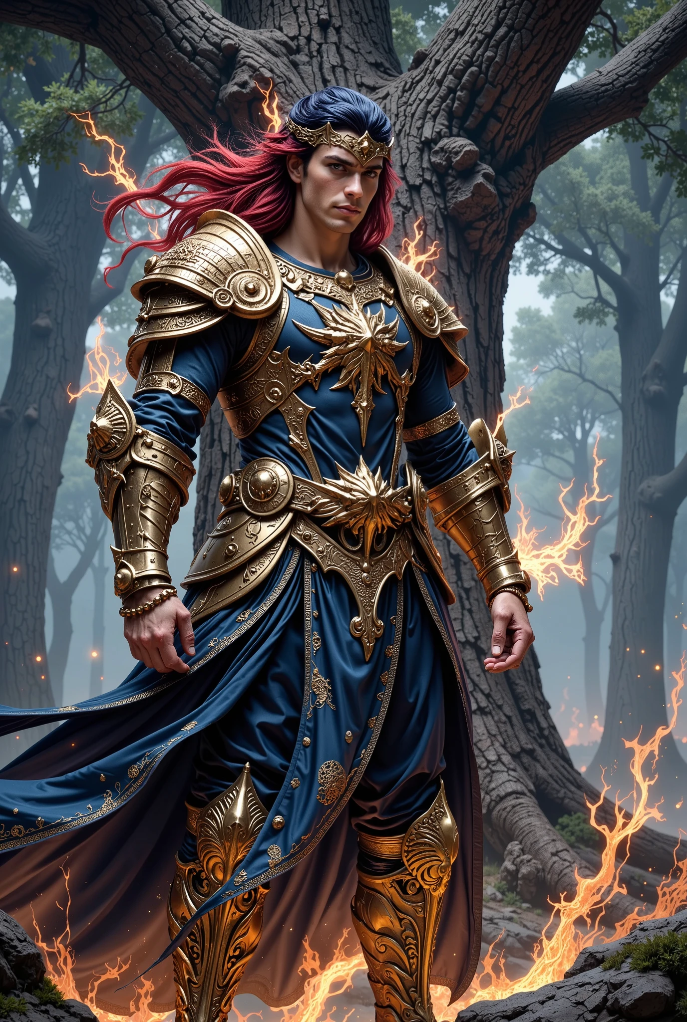 A young man, handsome and youthful, Celtic and Germanic inspired, beautiful, serene, regal and firm ferocious presence, electrifying wise gaze, wearing golden silver flowing dress with luminous Pagan designs and dark blue classy pants with intricate luminous silvery elements and designs, warrior sorceress , dark blue crimson red hair flowing electrifying glistening hair, will vanquish and uproot the evil and malicious people and forces of the world, standing before the Oak tree in devotion to the fusion deity of Brigid and Freya in the Northern European forest under starry sky. RAW 32K HDR, Absolute Masterpiece, Absurdres, Hyperrealistic Ultradetailed imagery