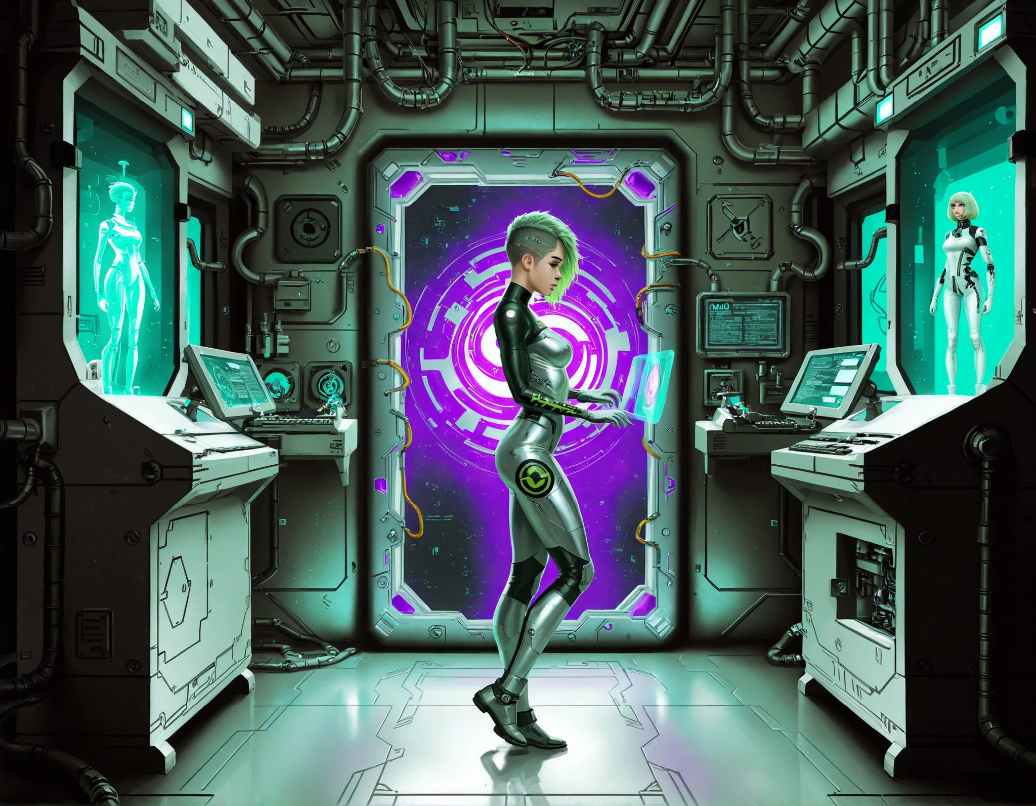 realistic, gritty, futuristic l4b0r4t0ry , futuristic laboratory, zznetherportal, full height portal, 1girl, off center, from side, mad scientist, looking away, silver bodysuit, green hair, undercut, natural pose, typing:0.6, full body, holographic monitor, mechanical, circuitry, 