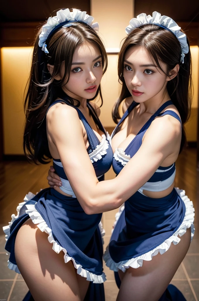 Two women, beautiful, university students, in room, with sexy cheerleader outfit, sensual, on his back showing his ass, white underwear