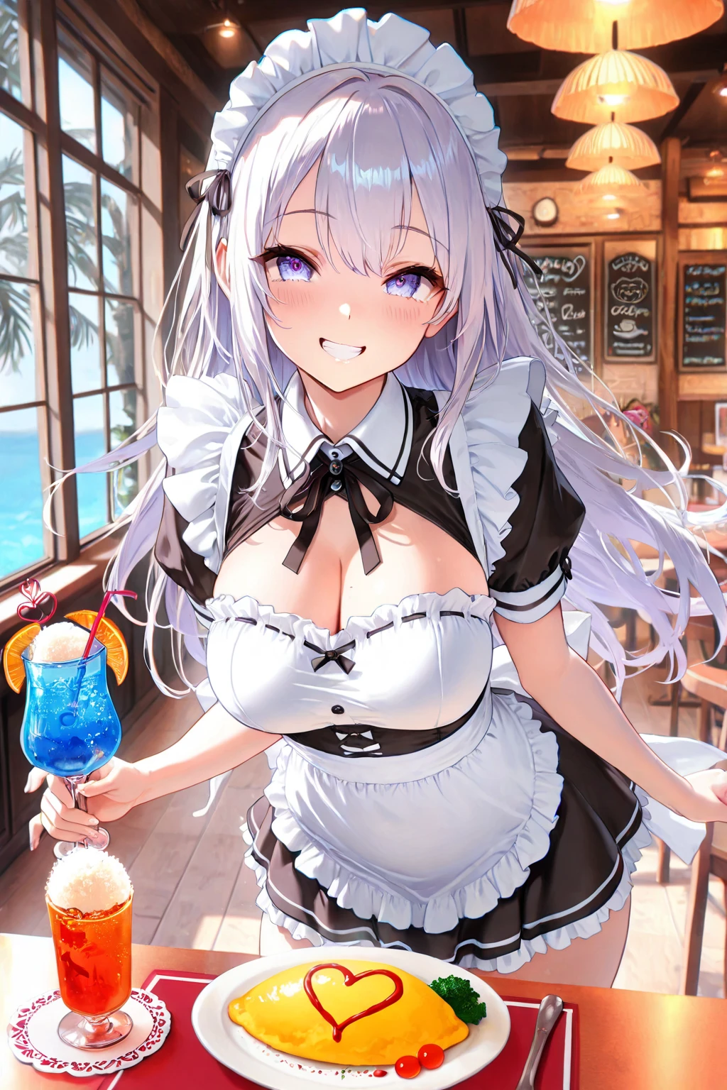 Realistic, Masterpiece, Top Quality, (Detailed Eyes), One High School Girl, Huge breast, Sweat, night, outdoor, bustling restaurant, micro bikini tucked in, string only micro bikini, Wet Face, Wet Body, ponytail, earrings, white apron, puffy short sleeves, between breasts, small tray, mole on breast, center opening, bow tie, pelvis curtain, (wide hips), (grin :1.1)