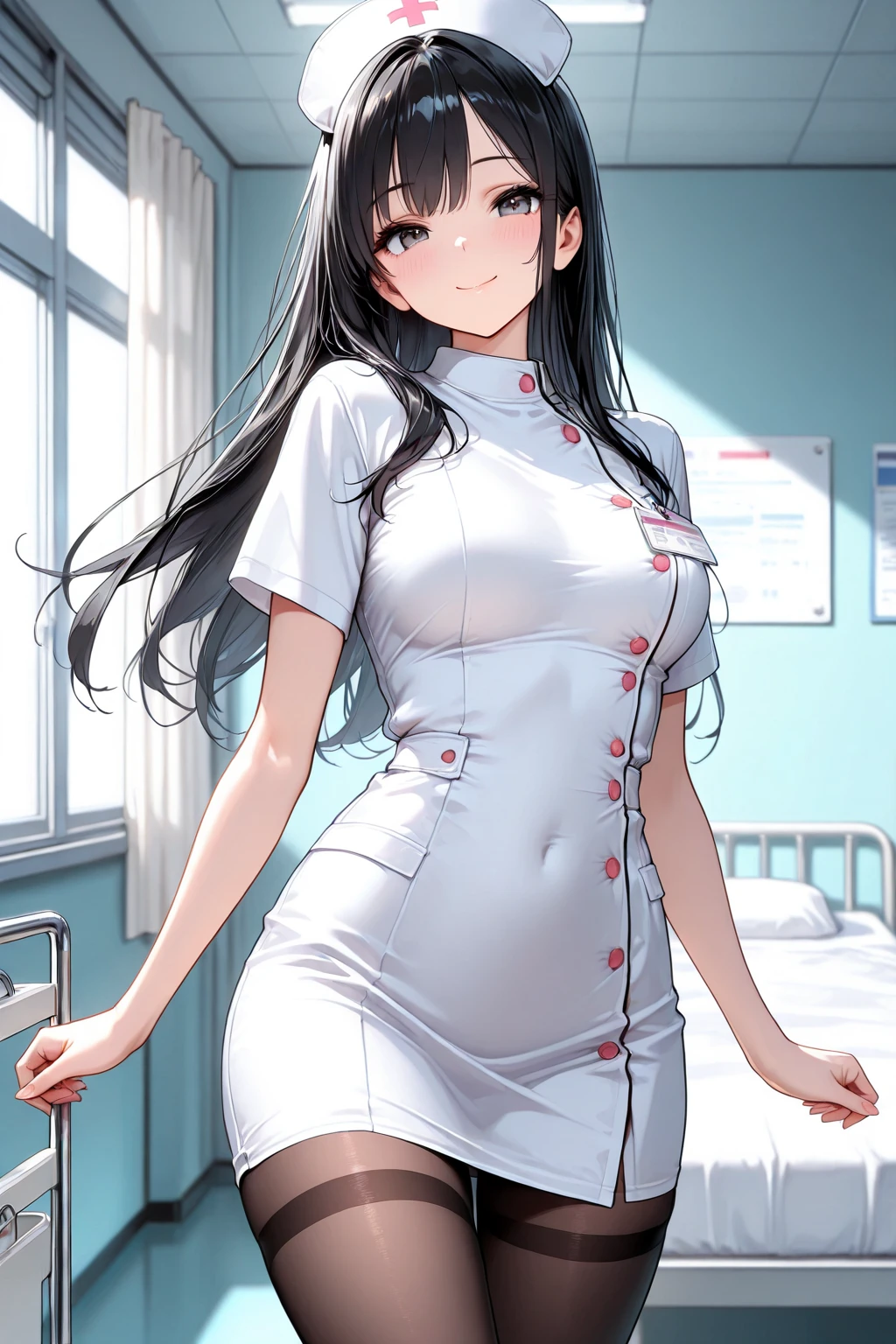best quality, 1girl, masterpiece ultra detailed, illustration, yang guifei, glossy lips, standing, (white nurse outfit:1.3), infirmary, twintails, thigh highs, looking back at viewer