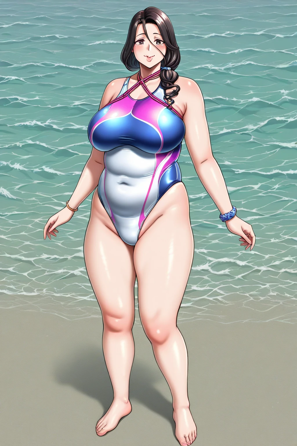 Highest quality, Official Art, masterpiece, Fabric Shading, High resolution, Very detailed, colorful, Best details, (Adult,30 years old, 一people Mature woman, conversion:1.5, Female dog, Long Hair, Brown Hair, Tired Hair, red color Swimwear:1.5, Center of chest, Puffy nipples:1.3, skinny:1.5, Camel Toe:1.5, Public indecency:1.5, Beach:1.5, derogatory, people Surrounded by:1.5,