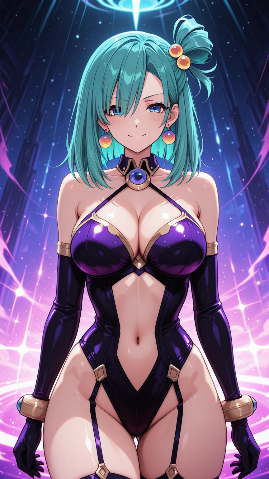 1girl, bangs, blue hair, multicolored hair, necklace, parted lips, purple eyes, short hair, smile, solo, purple latex jumpsuit, v-neck zipper to the bellybutton, dark room, spotlight background, close up