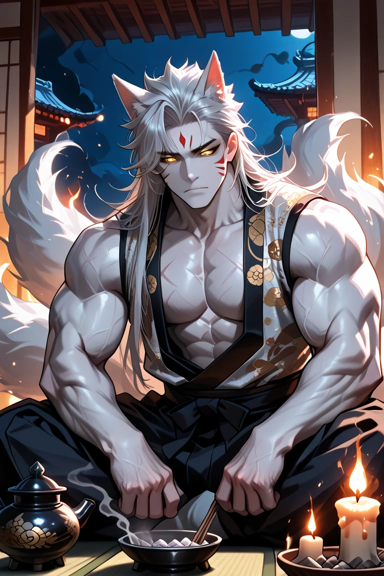 Muscular male wearing panties and thigh high socks, has flowing white hair, has wolf ears, has wolf tail, wearing lingerie