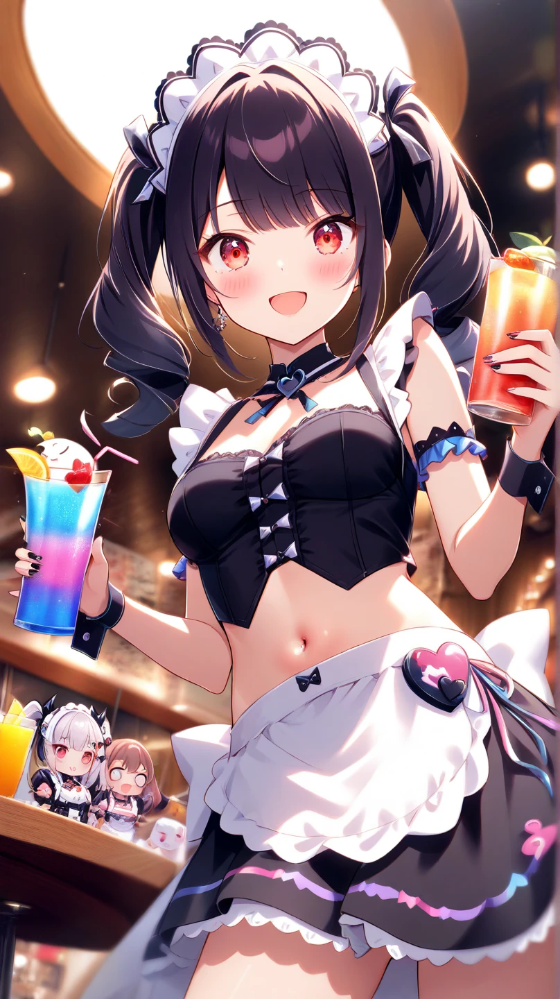 (3heads:1.5), Masterpiece, Best quality, 1girll, Solo, Extremely detailed, Extremely detailed eyes, extremely detailed background,Lori huge breasts cleavage,adolable,pyjamas,As a child,((SilverWolf V4)), Tiny breasts, With gray eyes, whaite hair, eyewear on head, Short sleeves, hair adornments, Earrings, Drill hair, Black shorts, Black gloves, pony tails, Evening, neon city lights, rain, rain drops, Mirror reflection, Cyberpunk, Ramen restaurant, across table, angle of view, view across table, ramen bowl, view the viewer, Arms down, arms to the side, T-shirt, white shirt logo, Shy, Smiling, Blushing, Perfect hands, Depth of field,