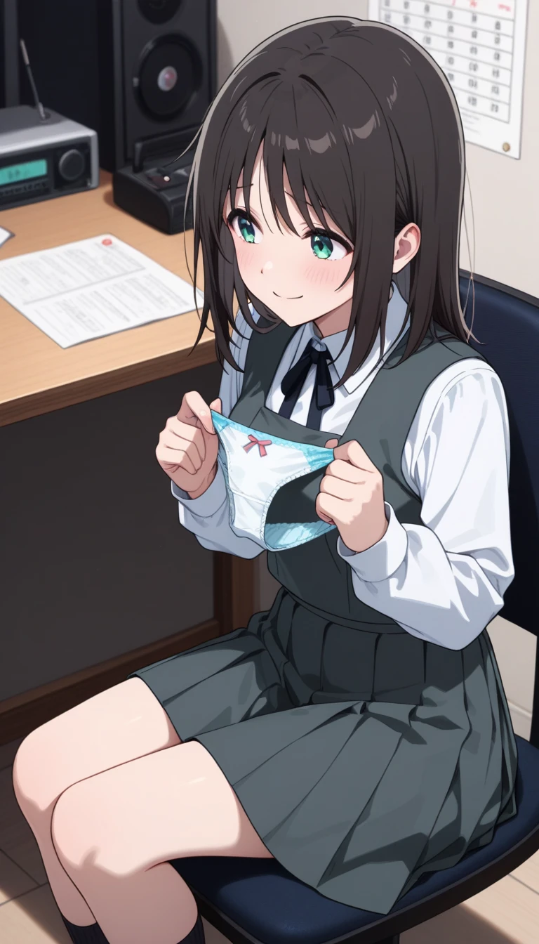 (masterpiece, 4K resolution, ultra-realistic, Very detailed), Girl、、12 years old、blazer、Sit on a chair、classroom、Holding white panties with both hands、smile、Black Hair、Side Ponytail、Brown eyes,holding panties,presenting panties.Perfect Fingers、tie、pussy、dildo in pussy、Blushing、Embarrassing、Embarrassed、Black Pantyhose、Spread your legs