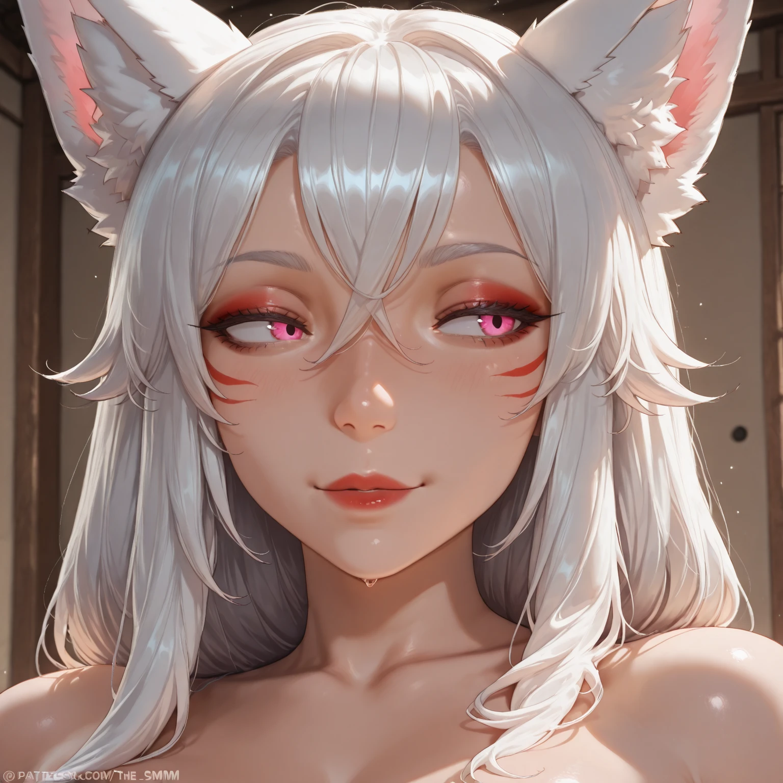 ((masterpiece)), ((best quality)), (anime), ((ultra-detailed)), ((detailed face)), (cinematic lighting), (illustration), (ultra-detailed eyes), (1girl), face closeup, red eyes, long white hair, naked, spit, clavicle, animal ears, cat ears, horny face, blush, clear face,