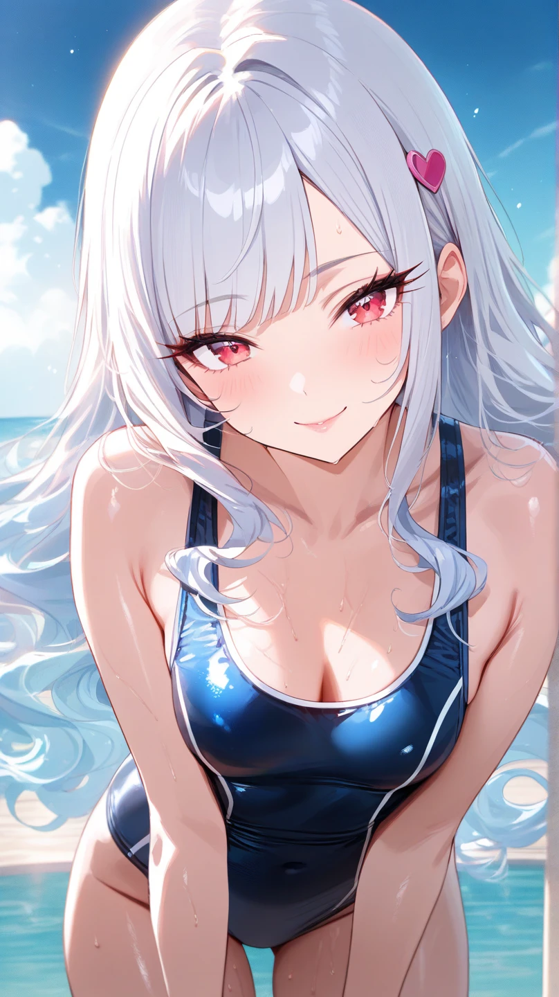 Short white hair, blush, (Swimwear).Headbang 2.、、Twin tails