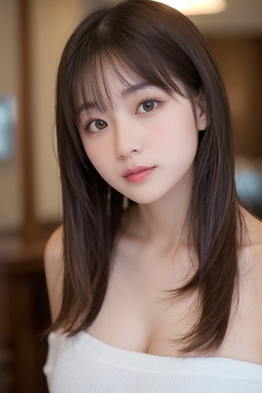 table top, highest quality, shape, Super detailed, finely, High resolution, 8k wallpaper, Perfect dynamic shape, beautiful and detailed eyes, small breasts, natural color lip, random sexy pose,smile、20 year old girl、midnight、Beautiful and dense face、perfect and beautiful face,Big eyes、real photos（best image quality）,Sheer off-shoulder dress、looking at camera、Please stand、Do gal makeup,blurred background