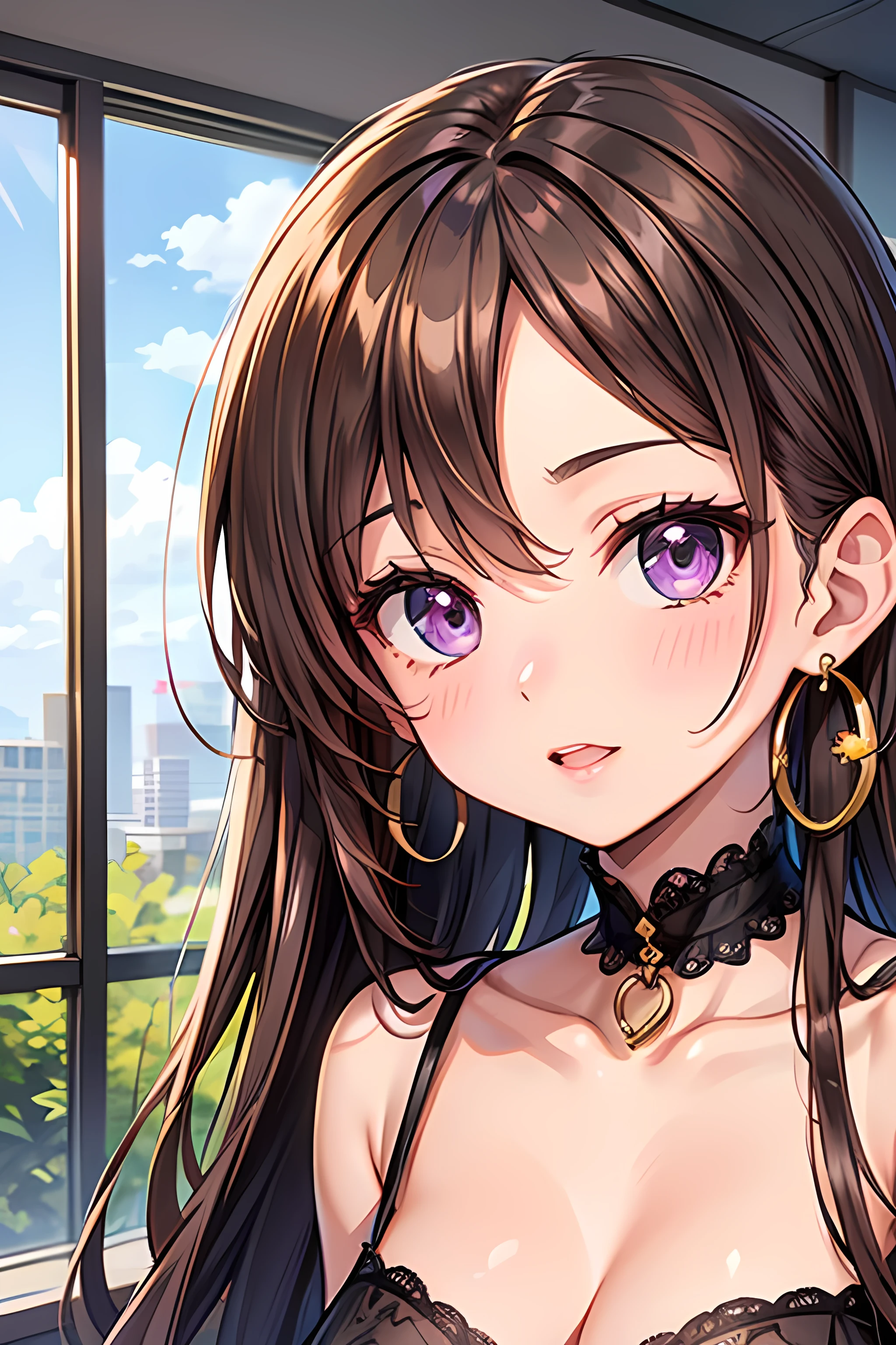 ((Tabletop, Highest quality, High resolution, Hmph, Pixel Perfect, Written boundary depth, 4K, Hmph, Hmph))), One Girl, single, alone, Beautiful Anime Girls, Beautiful art style, Anime characters, 24-years-old, ((Long Hair, bangs, Dark brown hair, Curly Hair:1.2, hairpin)), ((Detailed face, blush:1.2)), ((Green Eyes:1.8, Glitter effect, Thin lashes)), ((Smooth texture:0.75, Realistic texture:0.5, Anime CG style)), ((Cleavage:0.95)), Dynamic Angle, Big Breasts, Perfect body, ((close, throw, Portraiture, Hold your face)), naked、Nipples, ((Visible Good strap, Good strap)), night, night間照明, Bokeh:1.4, (Plein Air, City Buildings, Many people々), (Fashionable, Handbags)