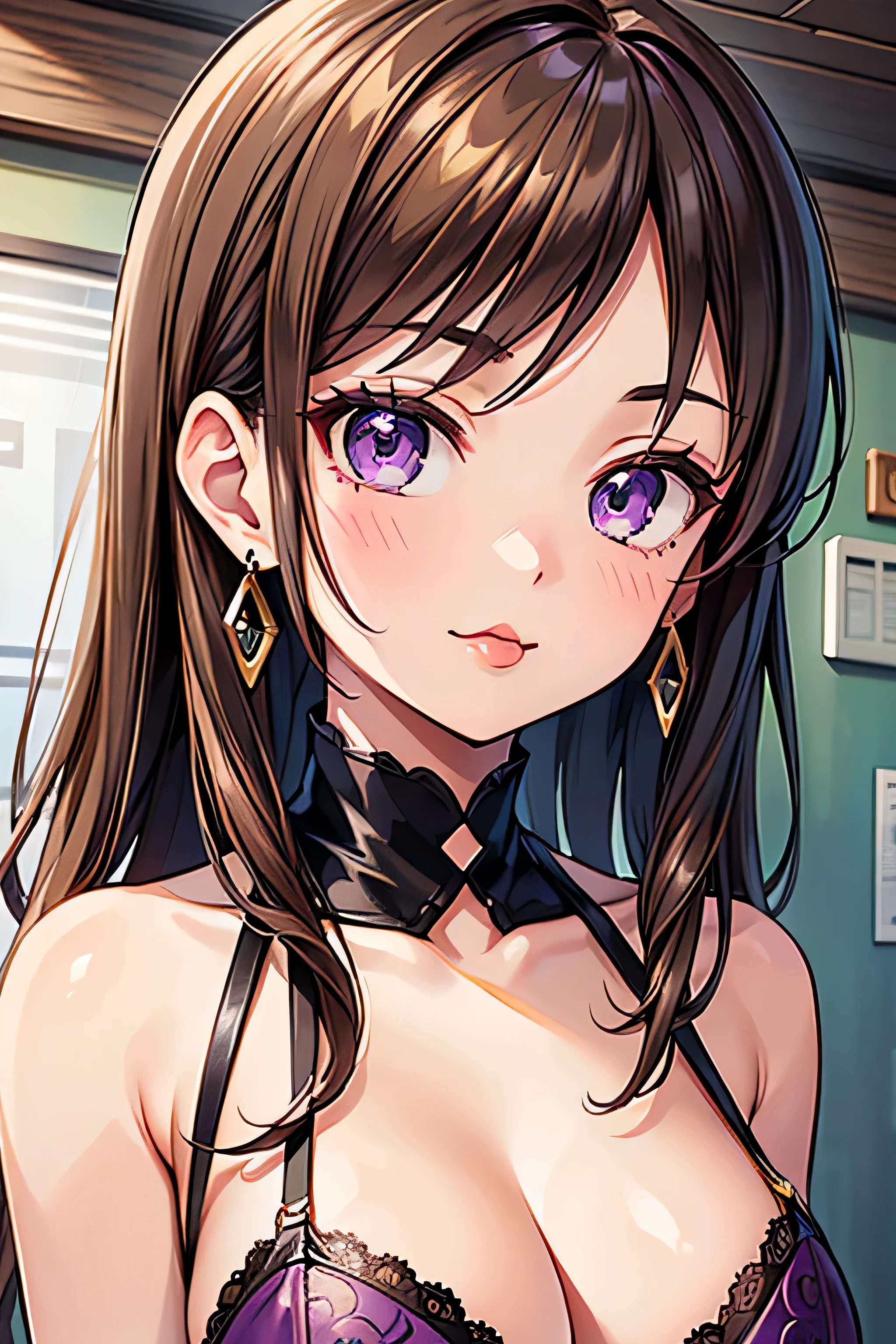 ((Uma verdadeira obra-prima com a melhor qualidade)), NSFW, colegial com (peitos grandes), uniforme curto, cabelo twintail roxo, ((camisa aberta)), tarada expression, sorriso provocante, (saia preta curta), saia plissada, (panthyhose), sexy, olhos de duas cores, sardas, (pernas abertas), prostitution, black necklace on neck, bochechas rosadas, na escola, (nua), no-bra, (salto alto), dedos na buceta, (((provocando))), ((seios a mostra))
